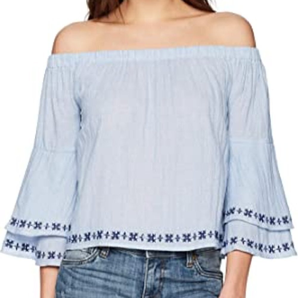 Lucky Brand off shoulder pinstripe embroidered blouse size M